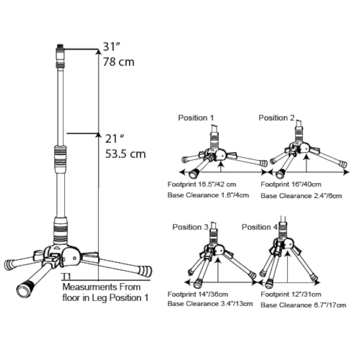T1/OM/M2 – Short Tripod Stand System including: (1) T1, (1) OM, and (1) M2